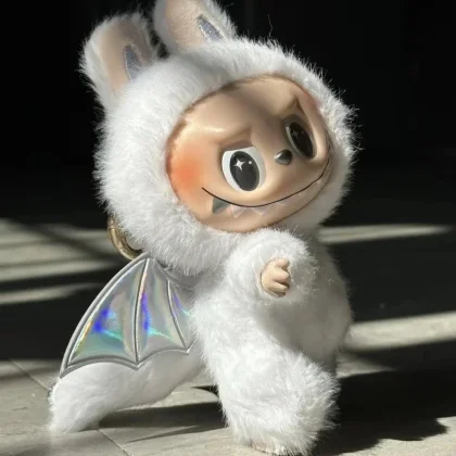 Unisex White Furry Keychain with Holographic Wings