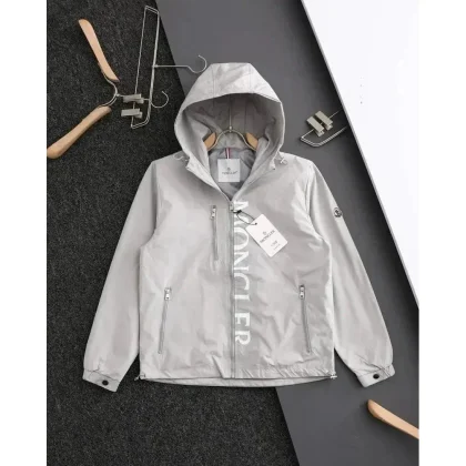 Moncler Grey Hooded Jacket with Logo Print